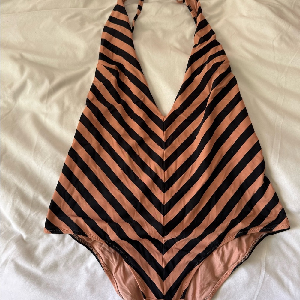 Striped One Piece Swimsuit - Black and Tan